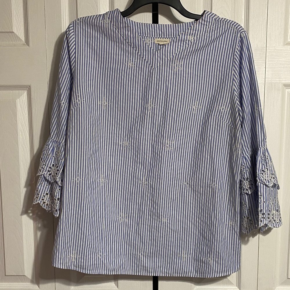 Jennifer & Grace Striped Embroidered Blouse ruffled Bell Sleeve size 2X